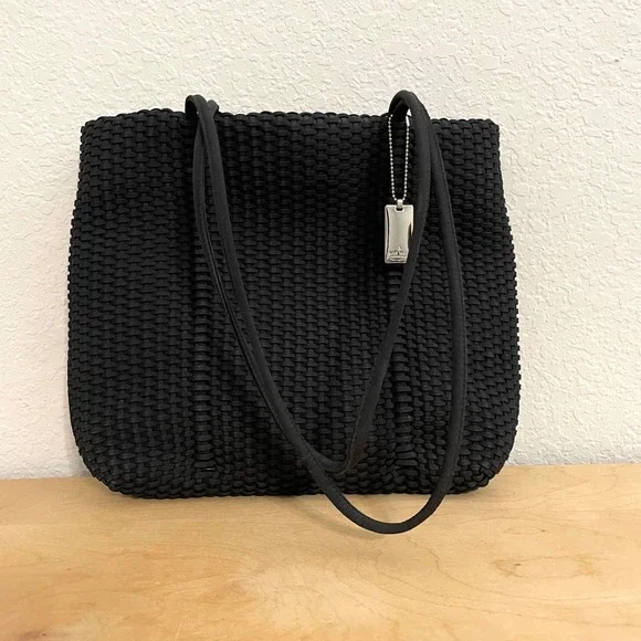 Rare 90s NINE WEST Black Woven Tote Bag Shoulder Bag Textured Style - Picture 2 of 7